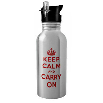 KEEP CALM  and carry on, Water bottle Silver with straw, stainless steel 600ml