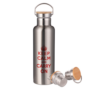 KEEP CALM  and carry on, Μεταλλικό παγούρι θερμός (Stainless steel) Ασημένιο με ξύλινο καπακι (bamboo), διπλού τοιχώματος, 750ml