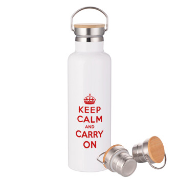 KEEP CALM  and carry on, Stainless steel White with wooden lid (bamboo), double wall, 750ml