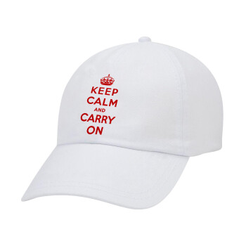 KEEP CALM  and carry on, Καπέλο Ενηλίκων Baseball Λευκό 5-φύλλο (POLYESTER, ΕΝΗΛΙΚΩΝ, UNISEX, ONE SIZE)