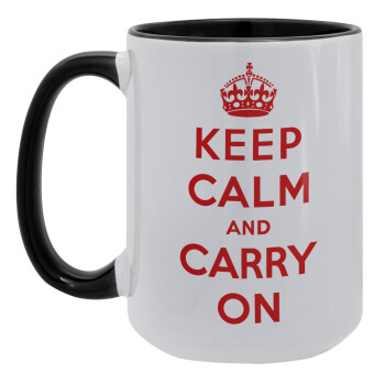 KEEP CALM  and carry on, Κούπα Mega 15oz, κεραμική Μαύρη, 450ml