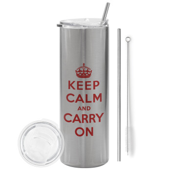 KEEP CALM  and carry on, Eco friendly ποτήρι θερμό Ασημένιο (tumbler) από ανοξείδωτο ατσάλι 600ml, με μεταλλικό καλαμάκι & βούρτσα καθαρισμού