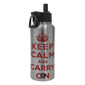 KEEP CALM  and carry on, Metal mug thermo Silver with Straw and Spout Lid (Stainless steel), double wall, 950ml