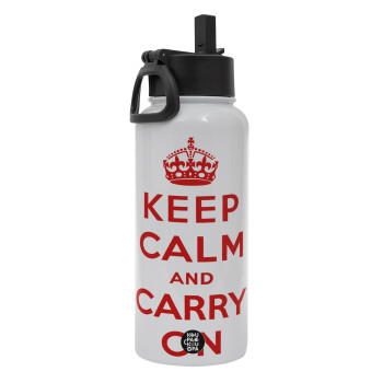 KEEP CALM  and carry on, Μεταλλικό παγούρι θερμός Λευκό με καλαμάκι και χερούλι (Stainless steel), διπλού τοιχώματος, 950ml