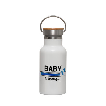 Baby is Loading BOY, Metallic thermos (Stainless steel) White with wooden lid (bamboo), double-walled, 350ml