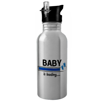 Baby is Loading BOY, Παγούρι νερού Ασημένιο με καλαμάκι, ανοξείδωτο ατσάλι 600ml