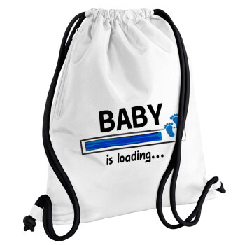 Baby is Loading BOY, Backpack pouch GYMBAG white, with pocket (40x48cm) & thick cords