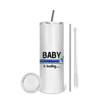 Baby is Loading BOY, Eco friendly ποτήρι θερμό (tumbler) από ανοξείδωτο ατσάλι 600ml, με μεταλλικό καλαμάκι & βούρτσα καθαρισμού