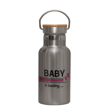 Baby is Loading GIRL, Μεταλλικό παγούρι θερμός (Stainless steel) Ασημένιο με ξύλινο καπακι (bamboo), διπλού τοιχώματος, 350ml