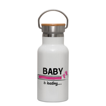 Baby is Loading GIRL, Metallic thermos (Stainless steel) White with wooden lid (bamboo), double-walled, 350ml