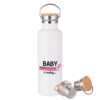 Baby is Loading GIRL, Μεταλλικό παγούρι θερμός (Stainless steel) Λευκό με ξύλινο καπακι (bamboo), διπλού τοιχώματος, 750ml