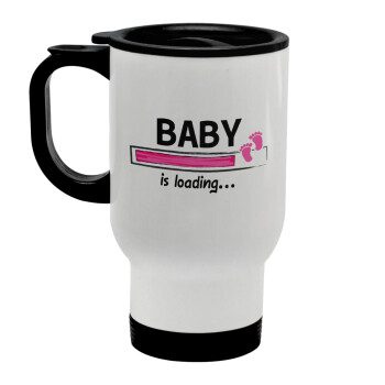 Baby is Loading GIRL, Stainless steel travel mug with lid, double wall white 450ml