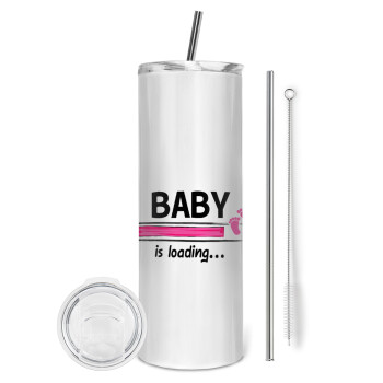 Baby is Loading GIRL, Tumbler ποτήρι θερμό από ανοξείδωτο ατσάλι 600ml, με μεταλλικό καλαμάκι & βούρτσα καθαρισμού