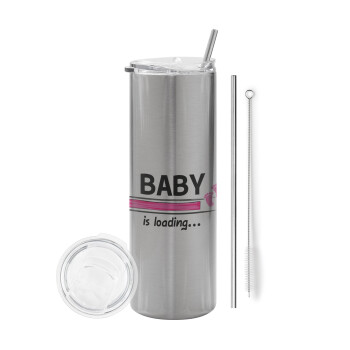 Baby is Loading GIRL, Eco friendly ποτήρι θερμό Ασημένιο (tumbler) από ανοξείδωτο ατσάλι 600ml, με μεταλλικό καλαμάκι & βούρτσα καθαρισμού