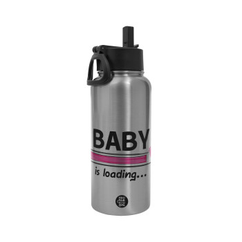 Baby is Loading GIRL, Metal mug thermo Silver with Straw and Spout Lid (Stainless steel), double wall, 950ml