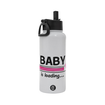 Baby is Loading GIRL, Metal mug thermo White with Straw and Spout Lid (Stainless steel), double wall, 950ml