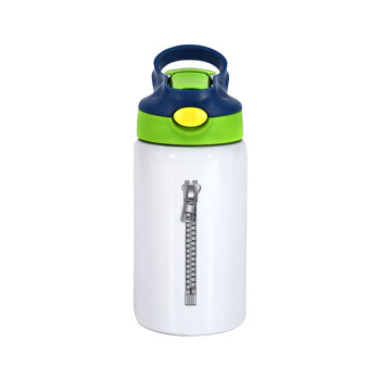 Zipper, Children's hot water bottle, stainless steel, with safety straw, green, blue (350ml)