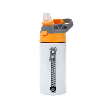 Zipper, Children's hot water bottle, stainless steel, with safety straw, Orange/Grey (360ml) BPA-FREE