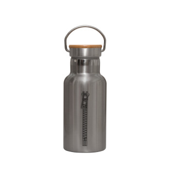 Zipper, Stainless steel metallic thermos flask, silver with a bamboo lid, double-walled, 350ml.