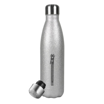 Zipper, Metallic Glitter Silver Thermos Flask (Stainless steel), double-walled, 500ml