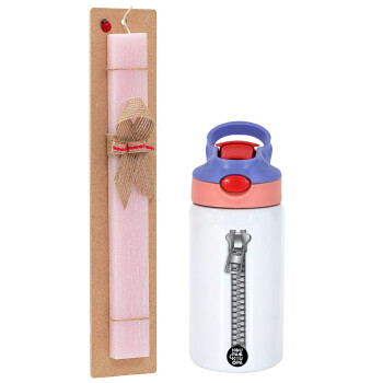 Zipper, Easter Set, Children's thermal stainless steel water bottle with safety straw, pink/purple (350ml) & Easter scented flat candle (30cm) (PINK)