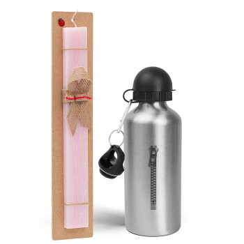 Zipper, Easter Set, metallic Silver aluminum water bottle (500ml) & scented flat Easter candle (30cm) (PINK)