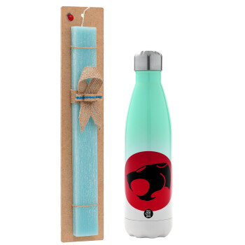 Thundercats, Easter Set, Metallic green/white thermos (Stainless steel), double-walled, 500ml & scented flat Easter candle (30cm) (TURQUOISE)