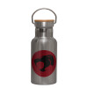 Stainless steel metallic thermos flask, silver with a bamboo lid, double-walled, 350ml.