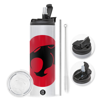 Thundercats, Travel Tumbler θερμό με διπλό καπάκι, μεταλλικό καλαμάκι και βούρτσα καθαρισμού (Ανωξείδωτο 304 Food grade, BPA free, 600ml)