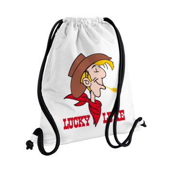 Lucky Luke, Τσάντα πλάτης πουγκί GYMBAG λευκή, με τσέπη (40x48cm) & χονδρά κορδόνια