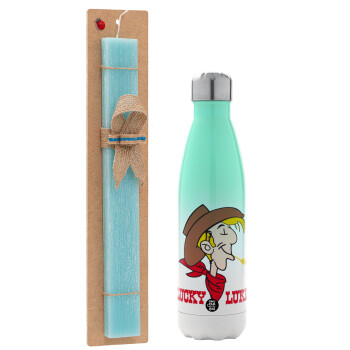 Lucky Luke, Easter Set, Metallic green/white thermos (Stainless steel), double-walled, 500ml & scented flat Easter candle (30cm) (TURQUOISE)