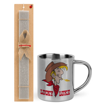 Lucky Luke, Easter Set, metallic thermal cup (300ml) & Easter aromatic flat candle (30cm) (GRAY)