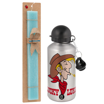 Lucky Luke, Πασχαλινό Σετ, παγούρι μεταλλικό Ασημένιο αλουμινίου (500ml) & πασχαλινή λαμπάδα αρωματική πλακέ (30cm) (ΤΙΡΚΟΥΑΖ)