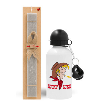 Lucky Luke, Easter Set, metallic aluminum water bottle (500ml) & aromatic flat Easter candle (30cm) (GRAY)