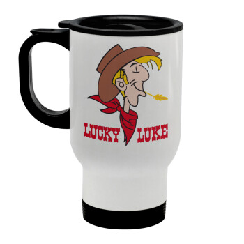 Lucky Luke, Stainless steel travel mug with lid, double wall white 450ml