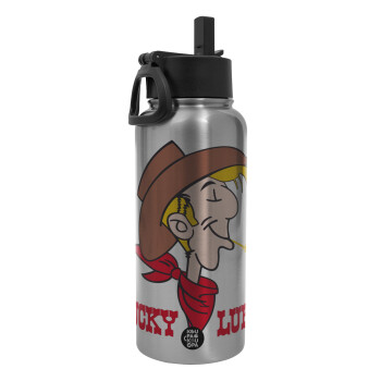 Lucky Luke, Metal mug thermo Silver with Straw and Spout Lid (Stainless steel), double wall, 950ml