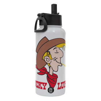 Lucky Luke, Metal mug thermo White with Straw and Spout Lid (Stainless steel), double wall, 950ml