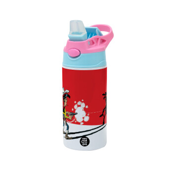 Lucky Luke shadows, Children's hot water bottle, stainless steel, with safety straw, Pink/BlueCiel (360ml) BPA FREE