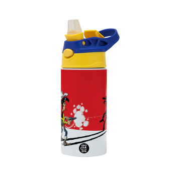 Lucky Luke shadows, Children's hot water bottle, stainless steel, with safety straw, green, blue (360ml) BPA FREE