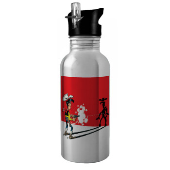Lucky Luke shadows, Water bottle Silver with straw, stainless steel 600ml