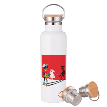 Lucky Luke shadows, Stainless steel White with wooden lid (bamboo), double wall, 750ml