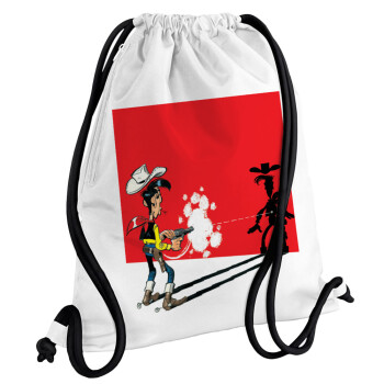 Lucky Luke shadows, Τσάντα πλάτης πουγκί GYMBAG λευκή, με τσέπη (40x48cm) & χονδρά κορδόνια