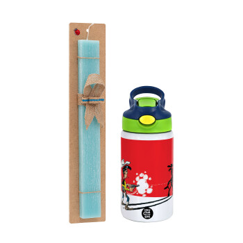 Lucky Luke shadows, Easter Set, Children's thermal stainless steel bottle with safety straw, green/blue (350ml) & aromatic flat Easter candle (30cm) (TURQUOISE)