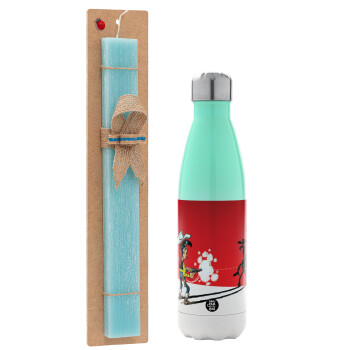 Lucky Luke shadows, Easter Set, Metallic green/white thermos (Stainless steel), double-walled, 500ml & scented flat Easter candle (30cm) (TURQUOISE)