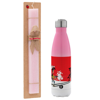 Lucky Luke shadows, Easter Set, Metallic pink/white (Stainless steel) thermos, double-walled, 500ml & aromatic flat Easter candle (30cm) (PINK)