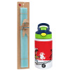 Easter Set, Children's thermal stainless steel bottle with safety straw, green/blue (350ml) & aromatic flat Easter candle (30cm) (TURQUOISE)