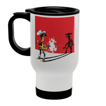 Lucky Luke shadows, Stainless steel travel mug with lid, double wall white 450ml