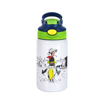 Lucky Luke comic, Children's hot water bottle, stainless steel, with safety straw, green, blue (350ml)