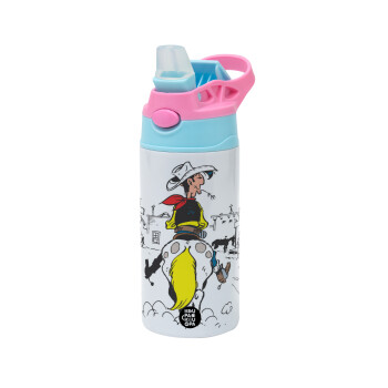 Lucky Luke comic, Children's hot water bottle, stainless steel, with safety straw, Pink/BlueCiel (360ml) BPA FREE