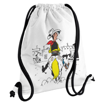 Lucky Luke comic, Τσάντα πλάτης πουγκί GYMBAG λευκή, με τσέπη (40x48cm) & χονδρά κορδόνια